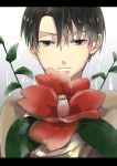  1boy black_eyes black_hair flower haru_0812 holding holding_flower leaf levi_(shingeki_no_kyojin) looking_at_viewer shingeki_no_kyojin solo 