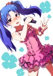  :d blue_hair blush bracelet brown_eyes dress embarrassed idolmaster jewelry kisaragi_chihaya long_hair microphone necklace open_mouth ribbon sayuu_hanten scrunchie smile solo twintails v 