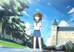  blue_sky brown_hair cloud food forest hair_bobbles hair_ornament mouth_hold nature original pocky scenery school_uniform serafuku short_hair skirt sky sky_(freedom) solo standing strawberry_pocky stream tree two_side_up wading water 
