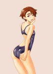  brown_hair eyebrows hand_on_own_face looking_at_viewer one-piece_swimsuit open_mouth planetes shoko_(moccom) short_hair simple_background swimsuit tanabe_ai thick_eyebrows 