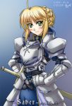  ahoge armor armored_dress blonde blonde_hair blush chu31004 dress fate/stay_night fate_(series) faulds gauntlets green_eyes hair_ribbon hands_on_hips pauldrons ribbon saber signature solo sword 