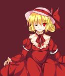  ;) alphes_(style) blonde_hair curly_hair dress elly hat parody red_background red_dress red_eyes ribbon short_hair shouen_kigashi simple_background skirt_hold smile solo style_parody touhou touhou_(pc-98) wink 