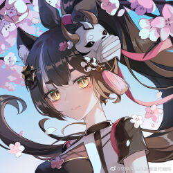  1girl animal_ear_fluff azusa_(vtuber) azusa_official black_hair blue_sky cherry_blossoms flower hair_flower hair_ornament highres landuo_long_congxiao_jiu_hen_ai_chi_kafei long_hair looking_at_viewer mask mask_on_head nijisanji official_alternate_costume ponytail portrait sky solo virtual_youtuber virtuareal weibo_logo weibo_username white_hair yellow_eyes 