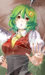  ascot breasts broken_glass bust corset emerane fourth_wall glass green_hair hair_ornament hands kazami_yuuka large_breasts looking_at_viewer merutoreimu open_mouth parasol red_eyes short_hair solo touhou umbrella youkai 