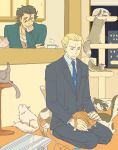 ahoge black_hair blonde_hair briefcase cardigan cat cat_tower cat_tower_(object) cup fate/zero fate_(series) flat_color kayneth_archibald_el-melloi lancer_(fate/zero) male multiple_boys necktie sapua seiza sitting teacup too_many too_many_cats 