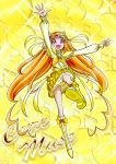  arm_up boots bow brooch character_name choker circlet cure_muse cure_muse_(yellow) dress frills hair_bow heart jewelry long_hair magical_girl orange_hair perspective pink_eyes precure ribbon shirabe_ako solo suite_precure toratora_(1972-08-30) yellow yellow_background yellow_dress 