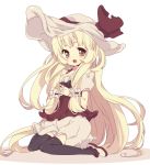  blonde_hair blush bow hands_clasped hat hat_bow long_hair mushroom nakamura_sandayo original personification simple_background sitting skirt solo thigh-highs thighhighs wariza white_background yellow_eyes 