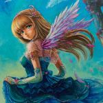  angel_wings back bad_id blonde_hair blue_dress blue_eyes blush bridal_gauntlets clothes_grab copyright_request dress from_behind looking_back oil_painting_(medium) see-through sky solo tafuto wings 