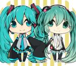  aqua_eyes aqua_hair bad_id chibi detached_sleeves dual_persona elbow_gloves gloves green_eyes green_hair hand_holding hatsune_miku hatsune_miku_(append) headset holding_hands long_hair miku_append mone_(alice-miku) multiple_girls necktie skirt sleeves_past_wrists smile striped striped_background thigh-highs thighhighs twintails very_long_hair vocaloid vocaloid_append 