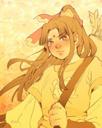  1boy arrow_(projectile) bindi blush brown_eyes brown_hair chinese_clothes closed_mouth commentary english_commentary facial_mark floral_background floral_print forehead_mark frown hair_ornament high_ponytail jin_ling long_hair looking_at_viewer male_focus modao_zushi monochrome parted_bangs quiver ribbon shoulder_strap sidelocks solo upper_body xiao_guan_(headdress) yellow_hanfu yellow_theme yutaan 