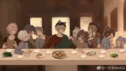  5boys 5girls aza_(virtuareal) azusa_(vtuber) azusa_official black_hair blue_hair brown_hair character_request closed_eyes fine_art_parody food fried_rice hand_on_own_chest highres hoshimi_(virtuareal) kero_(vtuber) kero_official meme multiple_boys multiple_girls nanami_(virtuareal) nijisanji no_thanks_(meme) parody pink_hair robe table the_last_supper tocci_(virtuareal) virtuareal weibo_logo weibo_username white_hair yellow_eyes yiwenzi_akagi 