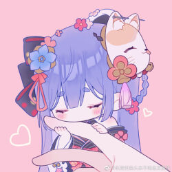  1girl azusa_(vtuber) azusa_official black_ribbon blue_flower blue_hair blush finger_hug flower fox_mask hair_flower hair_ornament hair_ribbon heart long_hair mask mask_on_head mini_person minigirl nailao_yu_ni_jia_xin_cui nijisanji pink_background pov pov_hands ribbon solo virtual_youtuber virtuareal weibo_logo weibo_username 