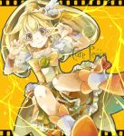  :&gt; bike_shorts blonde_hair boots character_name cure_peace double_v dress electricity hair_ornament hairpin kise_yayoi long_hair lunica magical_girl precure shorts_under_skirt skirt smile_precure! solo tears v wrist_cuffs yellow yellow_background yellow_dress yellow_eyes 