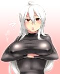  1girl ? ahoge breast_lift breasts brown_eyes bust caffein gradient gradient_background highres large_breasts looking_at_viewer open_mouth pink_background ribbed_sweater solo sweater translation_request turtleneck vocaloid white_hair yowane_haku 