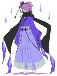  1boy artist_request bandage barefoot chandelure costume dark_skin fire flame gijinka hair_over_one_eye japanese_clothes male moemon personification pokemon pokemon_(game) pokemon_black_and_white pokemon_bw purple_hair red_eyes scarf short_hair simple_background solo will-o-wisp 