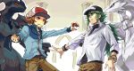  baseball_cap brown_eyes brown_hair green_eyes green_hair hat holding holding_poke_ball honda_yuita jewelry long_hair male multiple_boys n_(pokemon) necklace pixel_art poke_ball pokemon pokemon_(game) pokemon_bw reshiram touya_(pokemon) zekrom 