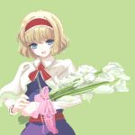  alice_margatroid blonde_hair blue_eyes bouquet capelet dress flower hairband hir0sun open_mouth ribbon short_hair solo touhou wide 