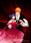  1girl bleach cape couple dress formal gloves gothic hand_holding highres jewelry kuchiki_rukia kurosaki_ichigo necklace orange_hair pixiv(1776315) purple_eyes purple_hair short_hair smile violet_eyes 