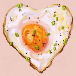  breakfast close-up commentary egg egg_(food) english_commentary film_grain food food_focus fried_egg heart heart-shaped_food no_humans no_lineart original pastel_colors pepper_(spice) pink_background quezify simple_background spring_onion still_life vegetable 