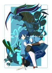  1boy absurdres aqua_background arm_support blue_hair blue_jacket blue_pants border cccacademia character_name closed_mouth dodrio falkner_(pokemon) farfetch&#039;d fearow hand_on_own_leg highres jacket kneehighs male_focus mixed-language_commentary noctowl on_one_knee pants pidgeot pokemon pokemon_(creature) pokemon_hgss short_hair short_sleeves signature socks white_border white_socks wristband 