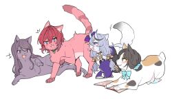  adapted_costume ange_katrina animal animalization apron black_collar black_hair blue_bow blue_bowtie blue_eyes blue_scrunchie blush_stickers bow bowtie calico cat censored clothed_animal collar commentary_request fang gundou_mirei hair_between_eyes hair_bun hair_ornament hair_tubes harness japanese_clothes kimono laughing long_bangs long_hair looking_at_another lying mitsumine_(ookami_no_oyashiro) mosaic_censoring multicolored_hair nijisanji no_humans on_book on_side open_mouth pendant_collar pink_cat pornography purple_cat purple_hair purple_kimono red_hair rindou_mikoto rindou_mikoto_(1st_costume) scrunchie short_hair short_tail simple_background skb-bu_(nijisanji) sleeves_past_fingers sleeves_past_wrists standing streaked_hair suzuka_utako suzuka_utako_(1st_costume) swept_bangs tail triangle_hair_ornament two-tone_hair violet_eyes virtual_youtuber waist_apron white_background white_cat 