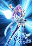  arm_up blue blue_background blue_legwear boots character_name cure_beat dress female frills high_heels kurokawa_ellen long_hair love_guitar_rod magical_girl ponytail precure pretty_cure purple_hair siren_(suite_precure) smile solo suite_precure thigh-highs thigh_boots thighhighs toratora_(1972-08-30) wrist_cuffs yellow_eyes 