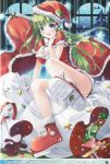  absurdres bell blue_eyes blush boots bow breasts cape christmas crescent frog gift green_hair hair_ornament hand_on_own_chest hat highres kochiya_sanae large_breasts long_hair looking_at_viewer miyase_mahiro open_mouth panties pink_panties reindeer ribbon sack santa_costume santa_hat snake snow snowing solo star touhou translation_request underwear window 