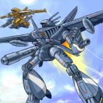  afterburner contrail dauzhen drop_tank fist flying gun kikou_senki_dragonar lowres mat_(ai777) mecha no_humans oekaki rocket_launcher schwarg sky weapon 