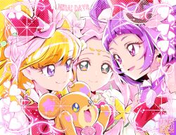  3girls animal asahina_mirai bear black_hat blonde_hair blue_eyes border bow breasts closed_mouth cure_felice cure_magical cure_miracle detached_sleeves diamond_brooch dress eyelashes flower flower_in_eye gradient_eyes green_eyes hair_bow hair_flower hair_intakes hair_ornament hanami_kotoha hands_up hat holding holding_animal izayoi_liko kamikita_futago long_hair looking_at_another magical_girl mahou_girls_precure! mahou_girls_precure!!_~mirai_days~ mofurun_(mahou_girls_precure!) multicolored_eyes multiple_girls open_mouth pink_border pink_bow pink_dress pink_eyes pink_flower pink_hair pink_hat ponytail precure puffy_short_sleeves puffy_sleeves purple_dress purple_hair red_bow short_bangs short_sleeves simple_background small_breasts smile star_(symbol) star_in_eye straight_hair symbol_in_eye tareme two_side_up upper_body violet_eyes white_background witch_hat yellow_eyes 