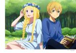  absurdres alice_schuberg blonde_hair blue_dress blue_eyes book dress eugeo green_eyes highres long_hair olive reading skirt smile sword_art_online sword_art_online_alicization 