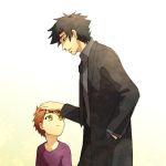  age_difference black_eyes black_hair brown_hair child emiya_kiritsugu emiya_shirou facial_hair fate/zero fate_(series) father_and_son hand_in_pocket hand_on_another's_head hand_on_hand height_difference honda_yuita male multiple_boys orange_hair stubble yellow_eyes young 
