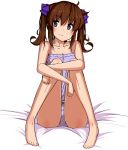  1girl bangs bare_legs breasts brown_hair camisole cleavage clenched_hands hair_ribbon himekaidou_hatate knees_to_chest lavender_eyes mid_win_h navel pajamas payot polka_dot ribbon simple_background sitting smile solo touhou twintails white_background 