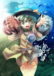  abe_ranzu dissolving_clothes fish green_eyes hat hat_ribbon komeiji_koishi open_mouth outstretched_arms ribbon shirt short_hair silver_hair skirt smile solo third_eye touhou water 