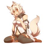  animal_ears black_legwear blush detached_sleeves fang hat inubashiri_momiji kuromiya midriff navel open_mouth orange_eyes short_hair sitting solo tail thigh-highs thighhighs tokin_hat touhou wariza wolf_ears wolf_tail 