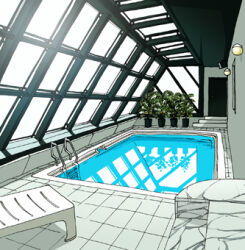 bad_source commentary_request indoors lowres maso_(ascii_art) no_humans plant pool pool_ladder potted_plant real_life reflection reflective_water rei_no_pool tile_floor tiles wall_lamp water window 