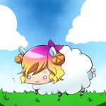  :3 alternate_hairstyle bad_id blonde_hair chibi cloud cosplay empty_eyes goat gradient_hair grass hijiri_byakuren horns multicolored_hair purple_hair sheep sky solo tail tail_wagging touhou xkzhfnzk 