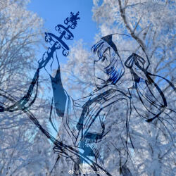  1girl artist_name bell blue_sky chinese_commentary commentary_request from_side hatsune_miku holding holding_bell holding_instrument hooded_kimono imoko_(imonatsuki) instrument jingle_bell outdoors photo_background see-through_body sky snow_on_tree solo upper_body vocaloid weibo_logo weibo_watermark winter yuki_miku yuki_miku_(2018) 