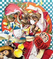  1girl absurdres aqua_eyes arm_up bow brown_hair coin commentary_request daruma_doll detached_sleeves fish gohei gold_coin gourd hair_bow hakurei_reimu highres long_hair looking_at_viewer midriff smile socha solo tanuki touhou traditional_media waves 