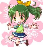  footwear green_eyes green_hair hiyopuko jumping midorikawa_nao open_mouth ponytail precure school_uniform shoes short_hair sleeves_rolled_up smile smile_precure! socks solo sweater_vest vest 