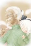  1girl akou_roushi alternate_costume beard blush child closed_eyes eyes_closed facial_hair hairband hitodama konpaku_youki konpaku_youki_(ghost) konpaku_youmu konpaku_youmu_(ghost) piggyback ponytail ribbed_sweater short_hair sleeping sweater touhou white_hair young 