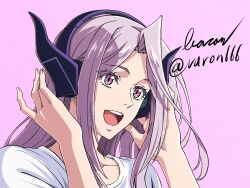 1girl baron_(varon666) close-up collarbone fuuto_tantei headphones highres kamen_rider kamen_rider_w long_hair purple_background purple_hair shirt simple_background solo tokime_(fuuto_tantei) violet_eyes white_shirt 