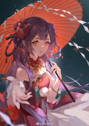  1girl absurdres azusa_(vtuber) azusa_official bare_shoulders braid braided_hair_rings chinese_clothes detached_sleeves double_bun dress eyelashes eyeshadow flower hair_bun hair_flower hair_ornament hair_rings hanfu highres holding holding_umbrella long_hair looking_at_viewer makeup nijisanji oil-paper_umbrella outstretched_arm outstretched_hand parted_lips purple_hair reaching reaching_towards_viewer red_dress red_eyeshadow red_flower sleeveless solo twin_braids umbrella upper_body virtuareal weibo_logo weibo_username white_sleeves xi_shao_chui_chui_zi yellow_eyes 
