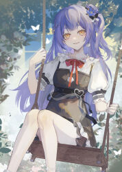  1girl absurdres azusa_(vtuber) azusa_official blue_hair bow bug butterfly dress flower frills hair_flower hair_ornament highres long_hair looking_at_viewer nijisanji official_alternate_costume pinafore_dress puffy_short_sleeves puffy_sleeves purple_hair red_bow shirt short_sleeves sitting sleeveless sleeveless_dress smile solo swing virtuareal weibo_logo weibo_username white_shirt yellow_eyes 