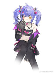  1girl ahoge azusa_(vtuber) azusa_official black_jacket black_pantyhose black_shirt black_skirt blue_hair bow breasts choker closed_mouth crop_top hair_bow jacket long_sleeves looking_at_viewer midriff nail_polish navel nijisanji off_shoulder open_clothes open_jacket orange_eyes pantyhose pink_bow pink_nails purple_hair shirt simple_background sitting skirt smile solo twintails virtual_youtuber virtuareal weibo_6986212321 weibo_logo white_background white_bow 