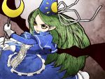  arioto capelet crescent dress ghost ghost_tail gloves green_eyes green_hair hat long_hair mima pointy_ears ribbon solo staff touhou touhou_(pc-98) wings wizard_hat 