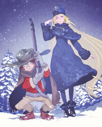  1boy 1girl ammunition_belt black_dress blonde_hair brown_capelet brown_hat brown_pantyhose capelet commentary_request cowboy_hat creator_connection dress frown fur-trimmed_dress fur_hat fur_trim ginga_tetsudou_999 gloves gun harlock_saga hat highres holding holding_gun holding_weapon long_hair long_sleeves looking_at_viewer maetel one_eye_closed ooyama_toshiro outdoors pantyhose papakha pom_pom_(clothes) pomodorosa red_shirt rifle shirt snow snowing tree uchuu_kaizoku_captain_harlock very_long_hair weapon 