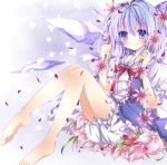  bare_legs barefoot bloomers blue_eyes blue_hair blush bow cirno flower hair_bow nanase_nao petals ribbon short_hair smile solo swing touhou wings 