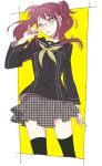  bad_id bangs breasts earrings glasses jewelry kujikawa_rise lips long_hair long_sleeves looking_away moroheso open_mouth persona persona_4 pink_hair sailor school_uniform skirt solo standing thigh-highs thighhighs twintails unmoving_pattern yellow_eyes 
