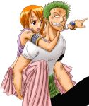  1boy 1girl bandage bandages bracelet carrying clenched_teeth earrings green_hair haramaki jewelry log_pose lowres midriff nami one_piece open_mouth orange_hair piggyback pointing roronoa_zoro shirt short_hair simple_background skirt white_background white_shirt yamadaenako 