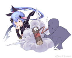 1girl 1other ;p azusa_(vtuber) azusa_official black_scarf blue_hair eyelid_pull hair_ornament long_hair nijisanji ninja one_eye_closed ponytail scarf simple_background smoke tongue tongue_out virtuareal weibo_6065089165 weibo_logo weibo_username white_background yellow_eyes 